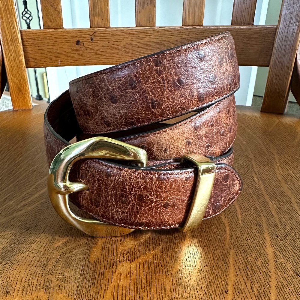 Nocona Brown Leather Ostrich-Style Belt with Gold Buckle